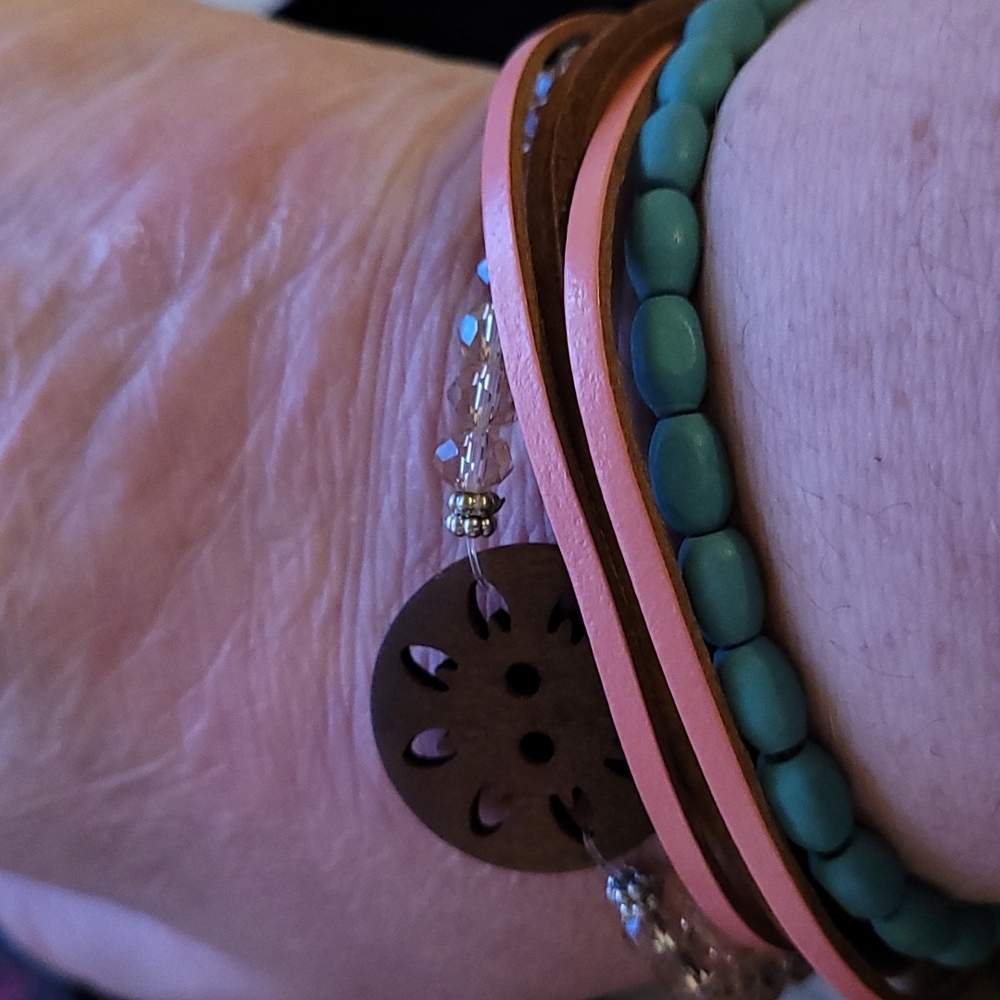 brown,teal and pink tug and pull wooden  bracelet